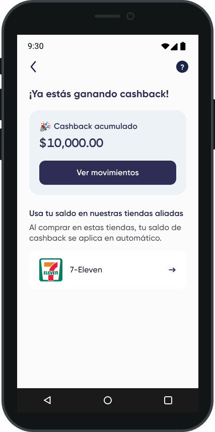 La pantalla de cashback en la app de Lenda, con el cashback acumulado y las tiendas donde se usa